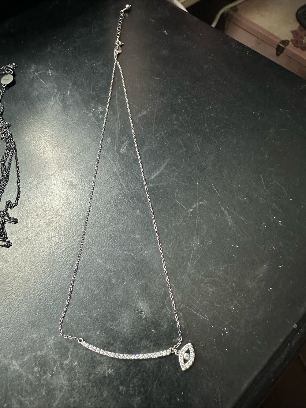 Elegant Sterling Silver Crystal Bar Necklace with Eye Charm- not FR stamped